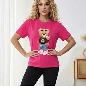 Women’s Trendy Hot Pink Fashion Teddy Bear Graphic Tee